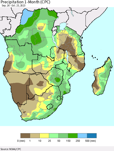 Southern Africa Precipitation 1-Month (CPC) Thematic Map For 9/26/2023 - 10/25/2023