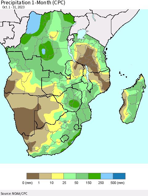 Southern Africa Precipitation 1-Month (CPC) Thematic Map For 10/1/2023 - 10/31/2023