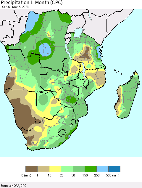 Southern Africa Precipitation 1-Month (CPC) Thematic Map For 10/6/2023 - 11/5/2023