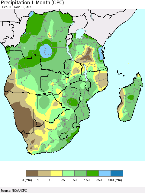 Southern Africa Precipitation 1-Month (CPC) Thematic Map For 10/11/2023 - 11/10/2023