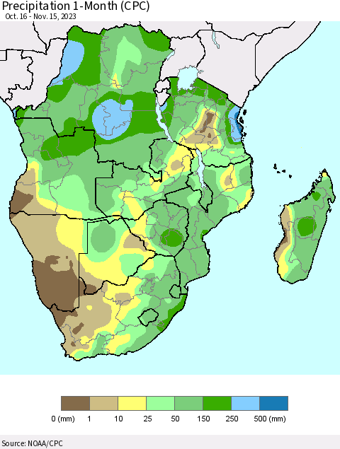 Southern Africa Precipitation 1-Month (CPC) Thematic Map For 10/16/2023 - 11/15/2023