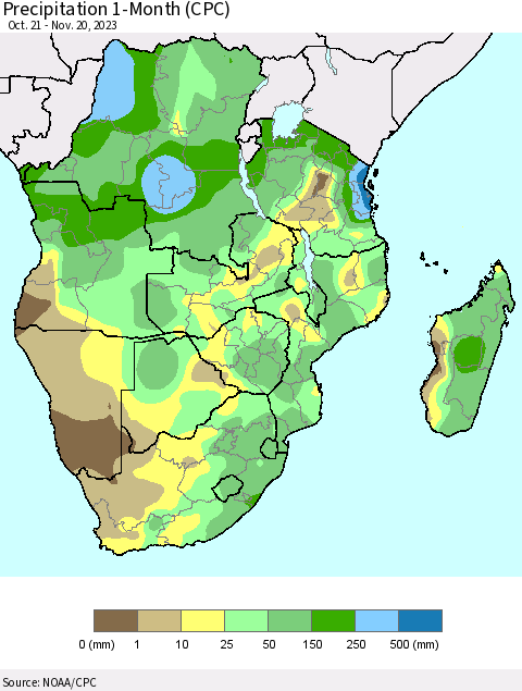 Southern Africa Precipitation 1-Month (CPC) Thematic Map For 10/21/2023 - 11/20/2023