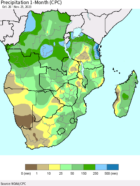Southern Africa Precipitation 1-Month (CPC) Thematic Map For 10/26/2023 - 11/25/2023