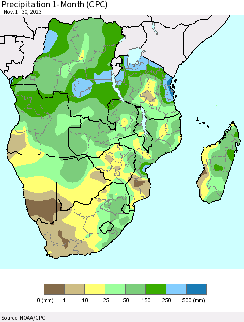Southern Africa Precipitation 1-Month (CPC) Thematic Map For 11/1/2023 - 11/30/2023
