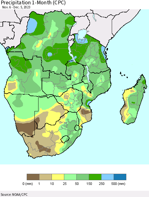 Southern Africa Precipitation 1-Month (CPC) Thematic Map For 11/6/2023 - 12/5/2023