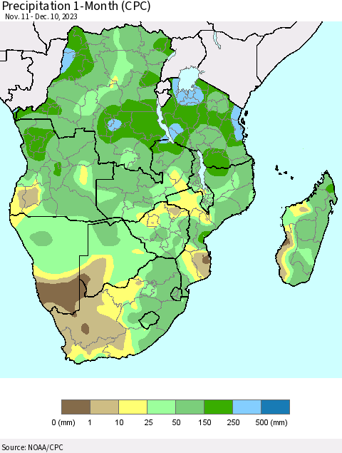 Southern Africa Precipitation 1-Month (CPC) Thematic Map For 11/11/2023 - 12/10/2023