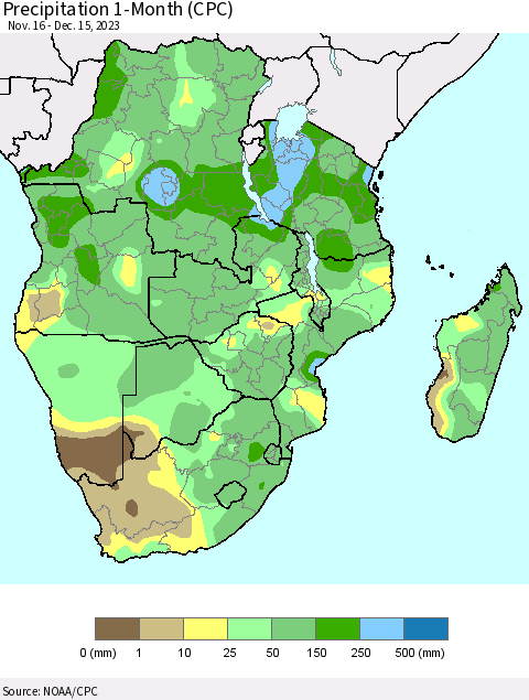 Southern Africa Precipitation 1-Month (CPC) Thematic Map For 11/16/2023 - 12/15/2023