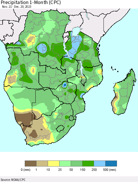 Southern Africa Precipitation 1-Month (CPC) Thematic Map For 11/21/2023 - 12/20/2023