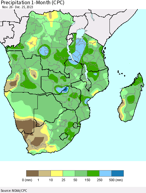 Southern Africa Precipitation 1-Month (CPC) Thematic Map For 11/26/2023 - 12/25/2023