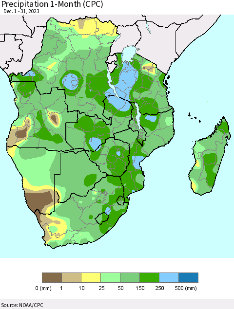 Southern Africa Precipitation 1-Month (CPC) Thematic Map For 12/1/2023 - 12/31/2023