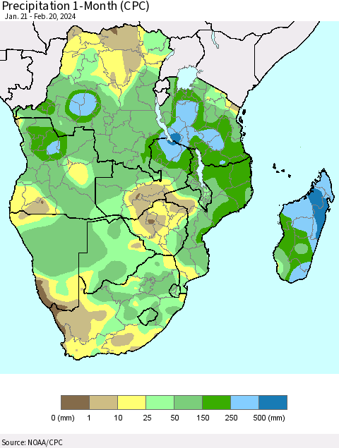 Southern Africa Precipitation 1-Month (CPC) Thematic Map For 1/21/2024 - 2/20/2024