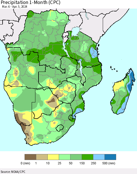 Southern Africa Precipitation 1-Month (CPC) Thematic Map For 3/6/2024 - 4/5/2024