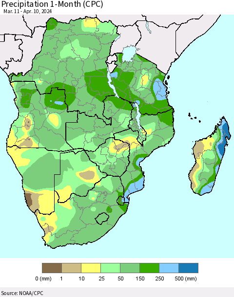 Southern Africa Precipitation 1-Month (CPC) Thematic Map For 3/11/2024 - 4/10/2024