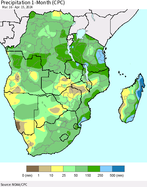Southern Africa Precipitation 1-Month (CPC) Thematic Map For 3/16/2024 - 4/15/2024