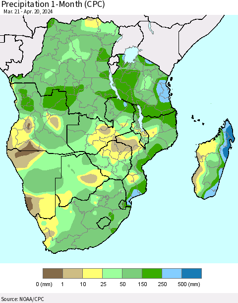 Southern Africa Precipitation 1-Month (CPC) Thematic Map For 3/21/2024 - 4/20/2024