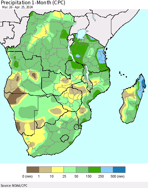 Southern Africa Precipitation 1-Month (CPC) Thematic Map For 3/26/2024 - 4/25/2024