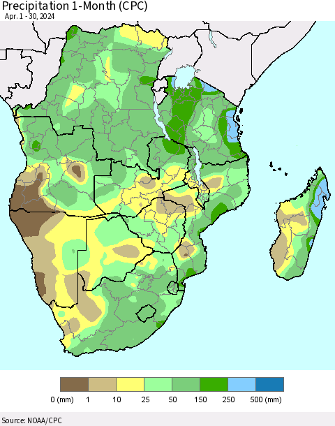 Southern Africa Precipitation 1-Month (CPC) Thematic Map For 4/1/2024 - 4/30/2024