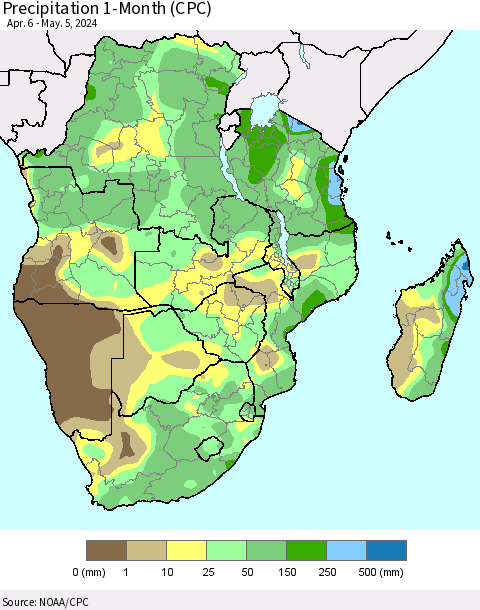 Southern Africa Precipitation 1-Month (CPC) Thematic Map For 4/6/2024 - 5/5/2024