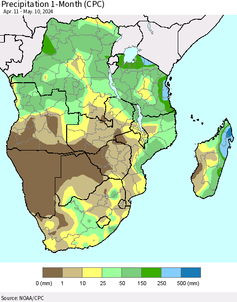 Southern Africa Precipitation 1-Month (CPC) Thematic Map For 4/11/2024 - 5/10/2024