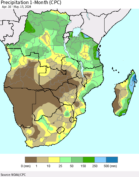 Southern Africa Precipitation 1-Month (CPC) Thematic Map For 4/16/2024 - 5/15/2024