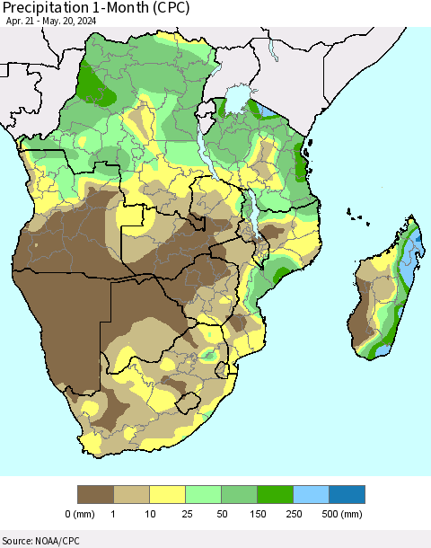 Southern Africa Precipitation 1-Month (CPC) Thematic Map For 4/21/2024 - 5/20/2024