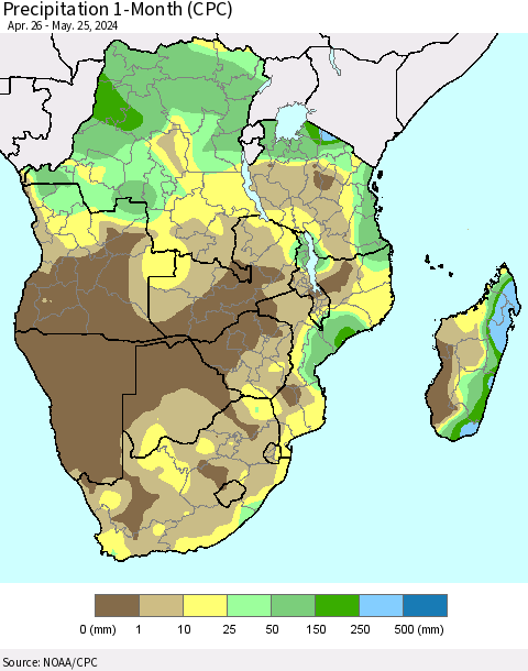Southern Africa Precipitation 1-Month (CPC) Thematic Map For 4/26/2024 - 5/25/2024