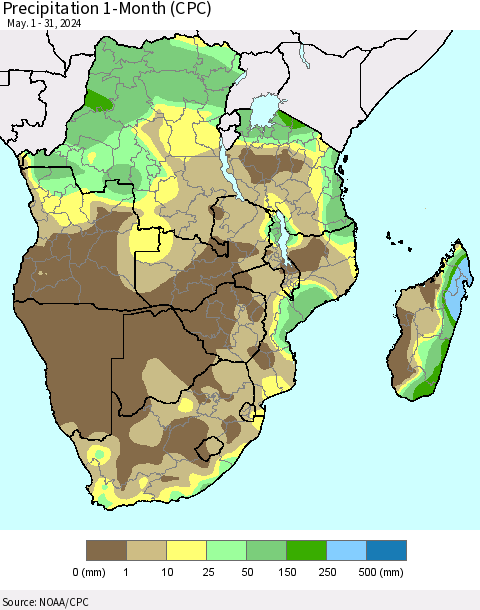 Southern Africa Precipitation 1-Month (CPC) Thematic Map For 5/1/2024 - 5/31/2024