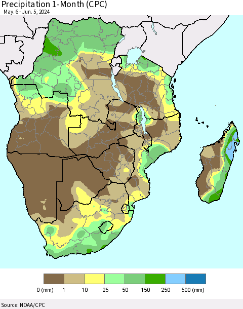 Southern Africa Precipitation 1-Month (CPC) Thematic Map For 5/6/2024 - 6/5/2024