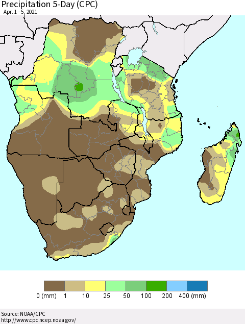 Southern Africa Precipitation 5-Day (CPC) Thematic Map For 4/1/2021 - 4/5/2021