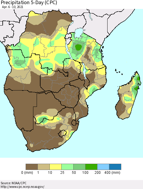 Southern Africa Precipitation 5-Day (CPC) Thematic Map For 4/6/2021 - 4/10/2021