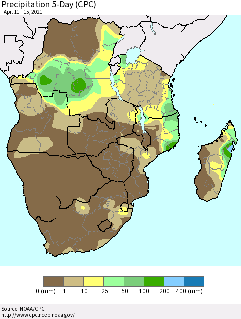 Southern Africa Precipitation 5-Day (CPC) Thematic Map For 4/11/2021 - 4/15/2021