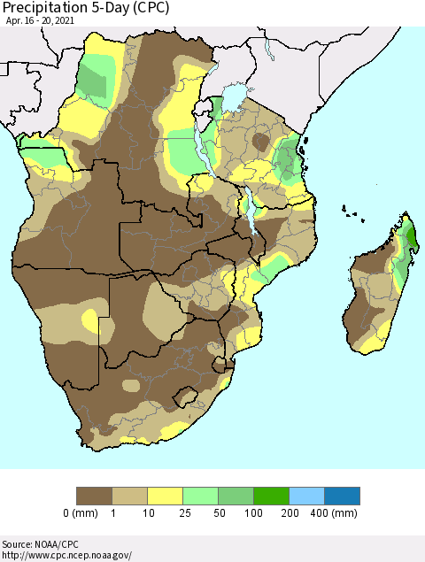 Southern Africa Precipitation 5-Day (CPC) Thematic Map For 4/16/2021 - 4/20/2021