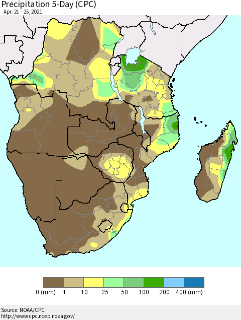 Southern Africa Precipitation 5-Day (CPC) Thematic Map For 4/21/2021 - 4/25/2021