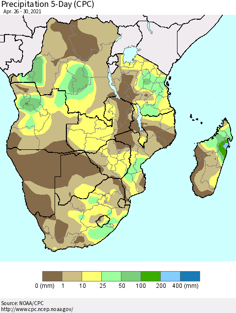 Southern Africa Precipitation 5-Day (CPC) Thematic Map For 4/26/2021 - 4/30/2021