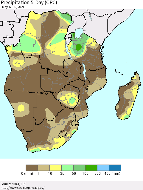 Southern Africa Precipitation 5-Day (CPC) Thematic Map For 5/6/2021 - 5/10/2021