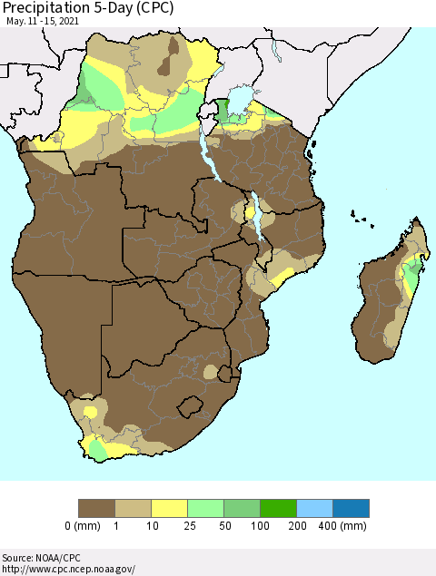 Southern Africa Precipitation 5-Day (CPC) Thematic Map For 5/11/2021 - 5/15/2021