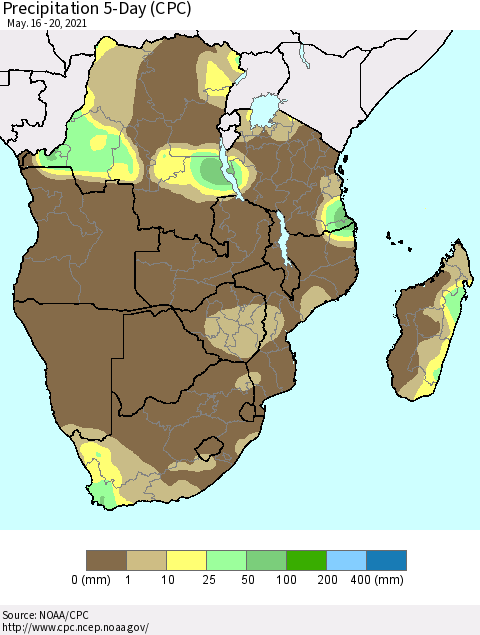 Southern Africa Precipitation 5-Day (CPC) Thematic Map For 5/16/2021 - 5/20/2021
