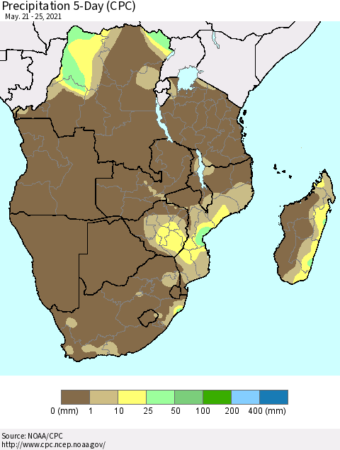 Southern Africa Precipitation 5-Day (CPC) Thematic Map For 5/21/2021 - 5/25/2021