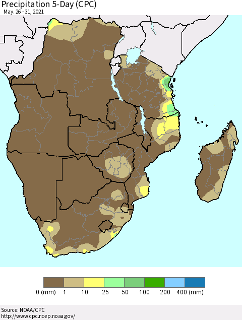 Southern Africa Precipitation 5-Day (CPC) Thematic Map For 5/26/2021 - 5/31/2021
