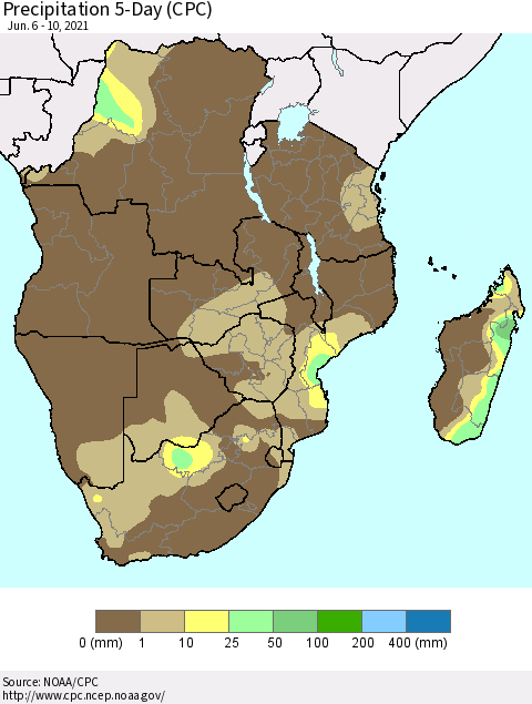 Southern Africa Precipitation 5-Day (CPC) Thematic Map For 6/6/2021 - 6/10/2021