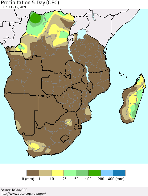Southern Africa Precipitation 5-Day (CPC) Thematic Map For 6/11/2021 - 6/15/2021