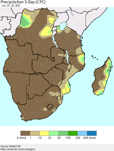 Southern Africa Precipitation 5-Day (CPC) Thematic Map For 6/16/2021 - 6/20/2021