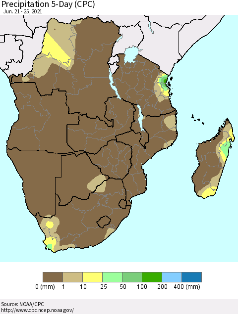 Southern Africa Precipitation 5-Day (CPC) Thematic Map For 6/21/2021 - 6/25/2021