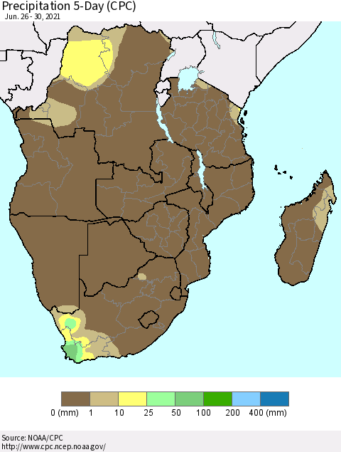 Southern Africa Precipitation 5-Day (CPC) Thematic Map For 6/26/2021 - 6/30/2021
