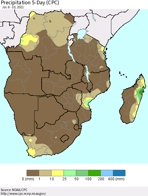 Southern Africa Precipitation 5-Day (CPC) Thematic Map For 7/6/2021 - 7/10/2021