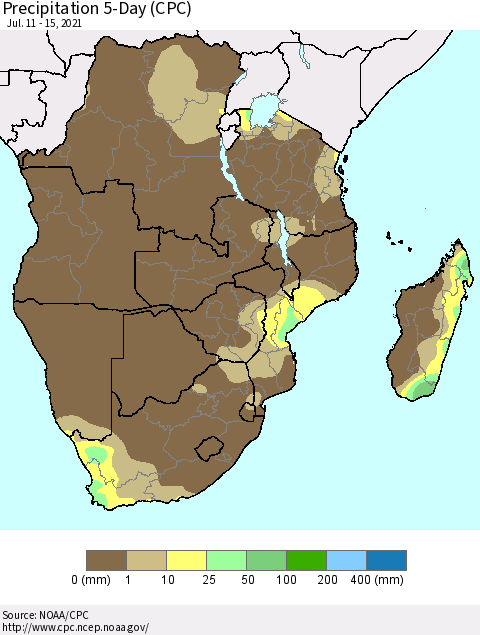 Southern Africa Precipitation 5-Day (CPC) Thematic Map For 7/11/2021 - 7/15/2021