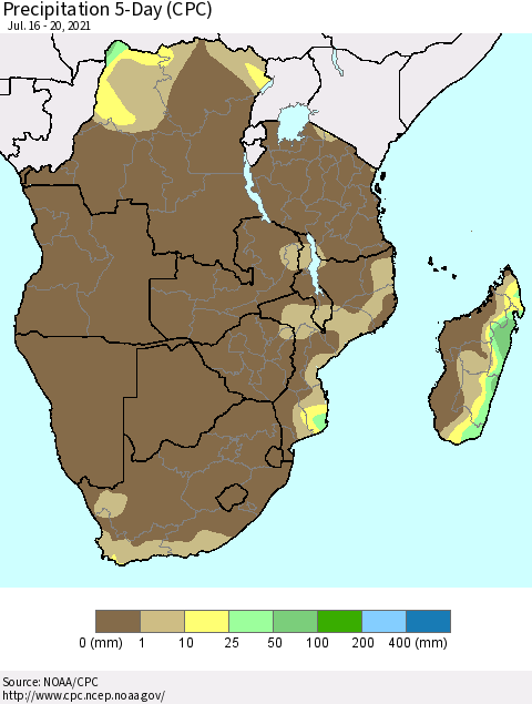 Southern Africa Precipitation 5-Day (CPC) Thematic Map For 7/16/2021 - 7/20/2021