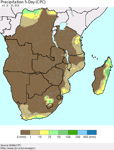 Southern Africa Precipitation 5-Day (CPC) Thematic Map For 7/21/2021 - 7/25/2021