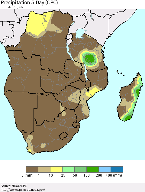 Southern Africa Precipitation 5-Day (CPC) Thematic Map For 7/26/2021 - 7/31/2021
