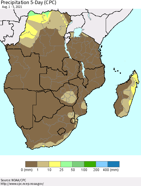 Southern Africa Precipitation 5-Day (CPC) Thematic Map For 8/1/2021 - 8/5/2021